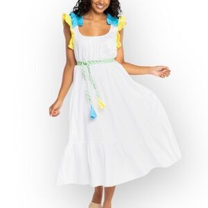 White Midi Dress with Blue and Yellow Ruffle Accents and Braided Belt